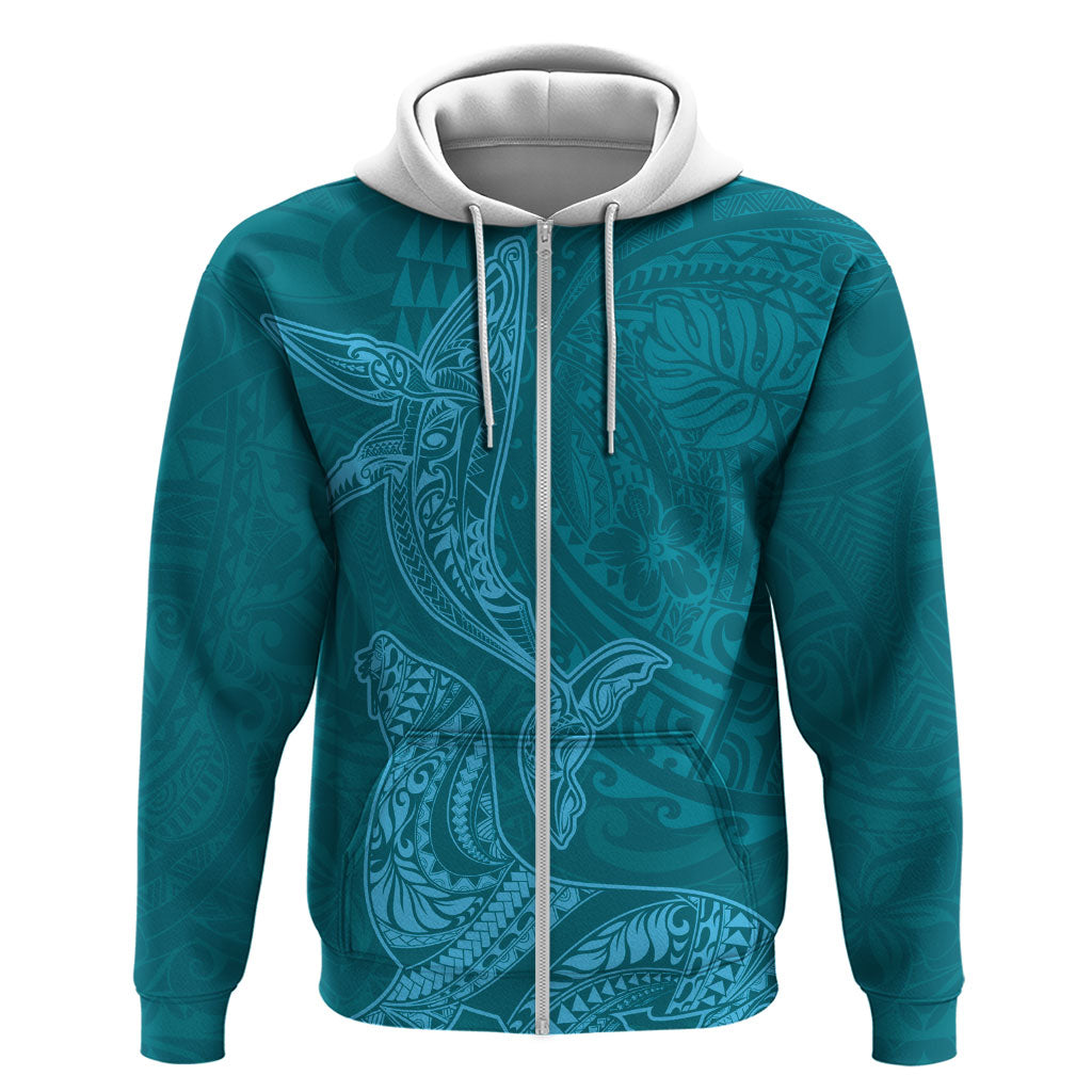 Hawaiian Monk Seal and Whale Zip Hoodie Kakau Tribal Pattern Teal Color LT03 Zip Hoodie Teal - Polynesian Pride