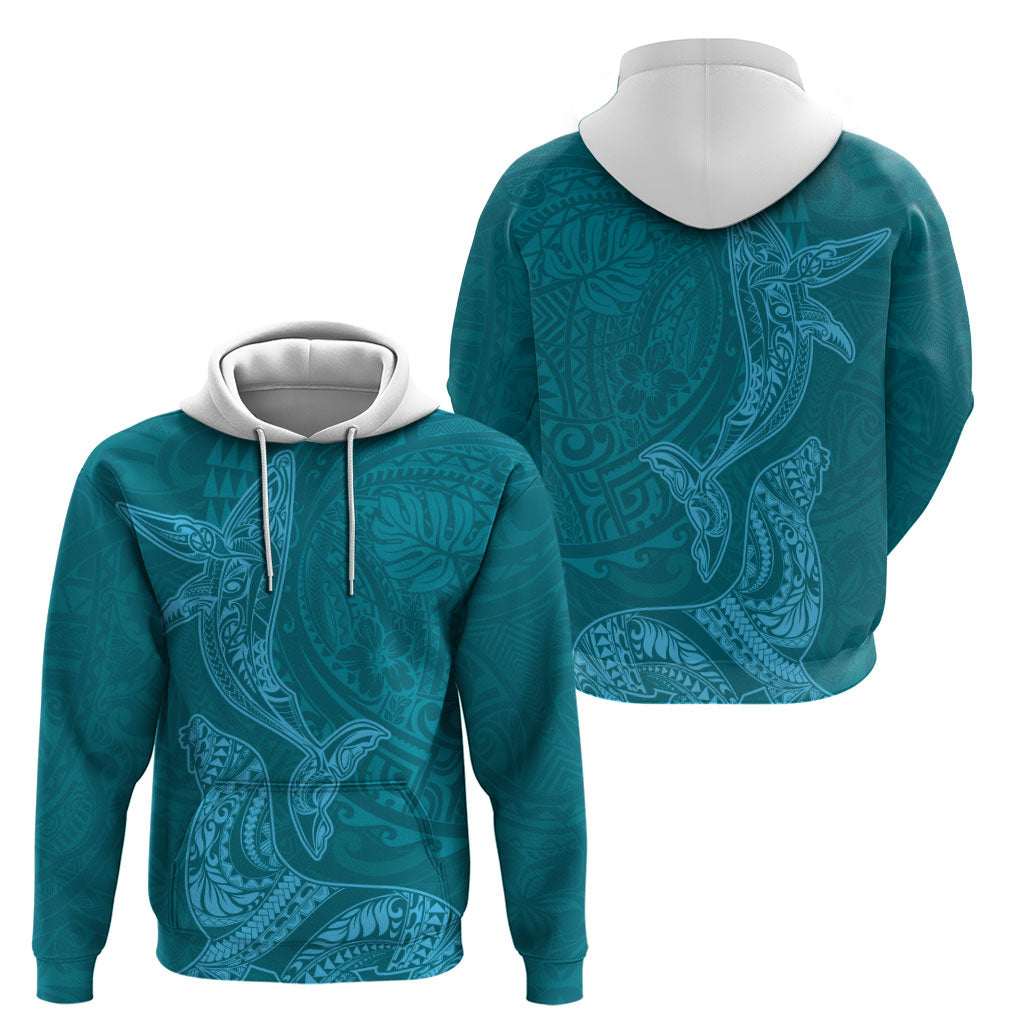 Hawaiian Monk Seal and Whale Zip Hoodie Kakau Tribal Pattern Teal Color LT03 - Polynesian Pride