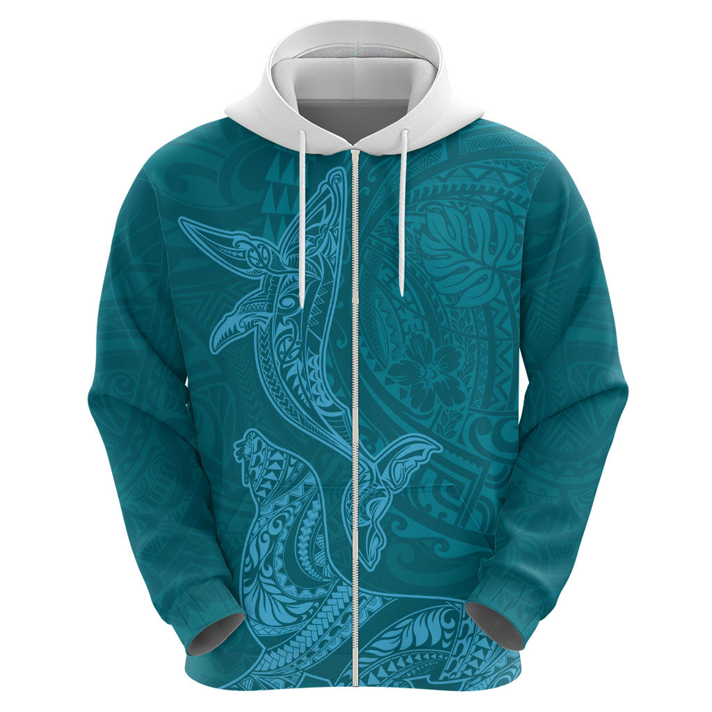 Hawaiian Monk Seal and Whale Zip Hoodie Kakau Tribal Pattern Teal Color LT03 - Polynesian Pride