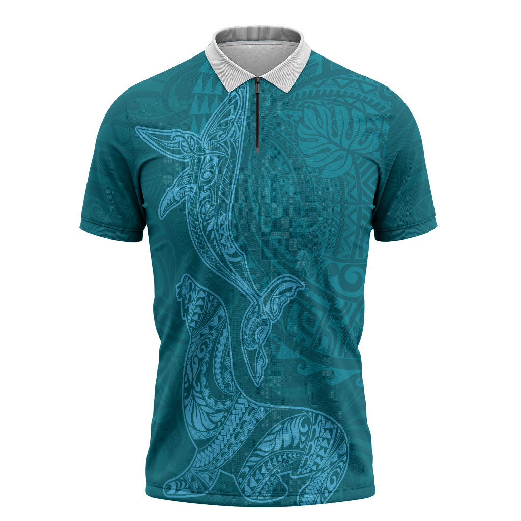 Hawaiian Monk Seal and Whale Zipper Polo Shirt Kakau Tribal Pattern Teal Color LT03 Teal - Polynesian Pride