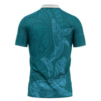 Hawaiian Monk Seal and Whale Zipper Polo Shirt Kakau Tribal Pattern Teal Color LT03 - Polynesian Pride