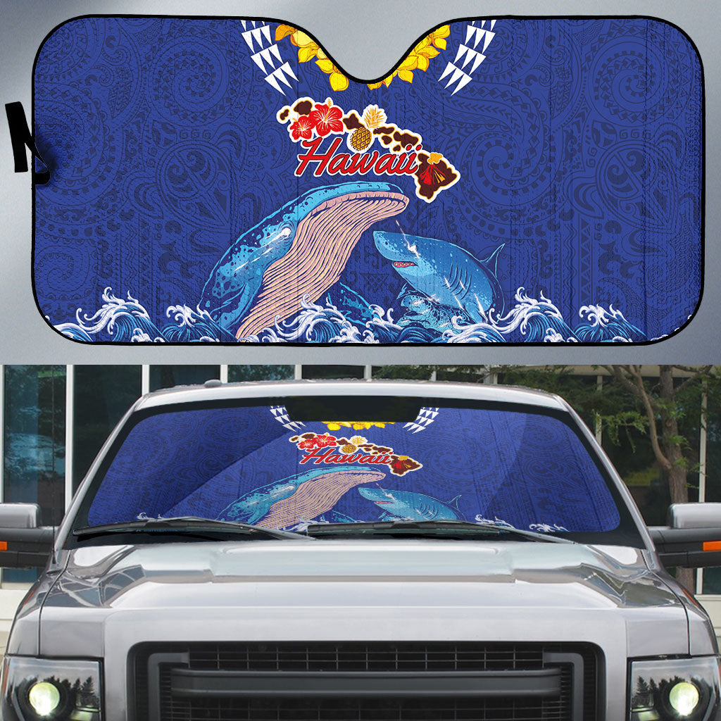 Hawaiian Sea Animals Auto Sun Shade Whales Shark and Turtle Guardians with Tribal Pattern