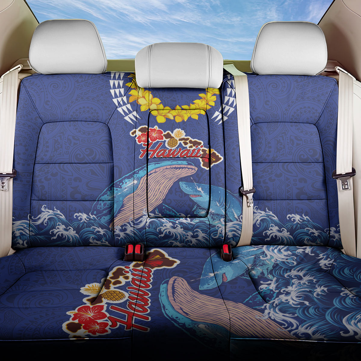 Hawaiian Sea Animals Back Car Seat Cover Whales Shark and Turtle Guardians with Tribal Pattern LT03 One Size Blue - Polynesian Pride