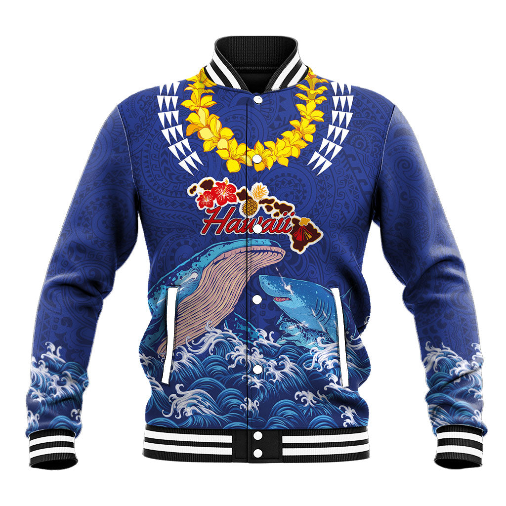 Hawaiian Sea Animals Baseball Jacket Whales Shark and Turtle Guardians with Tribal Pattern LT03 Unisex Blue - Polynesian Pride