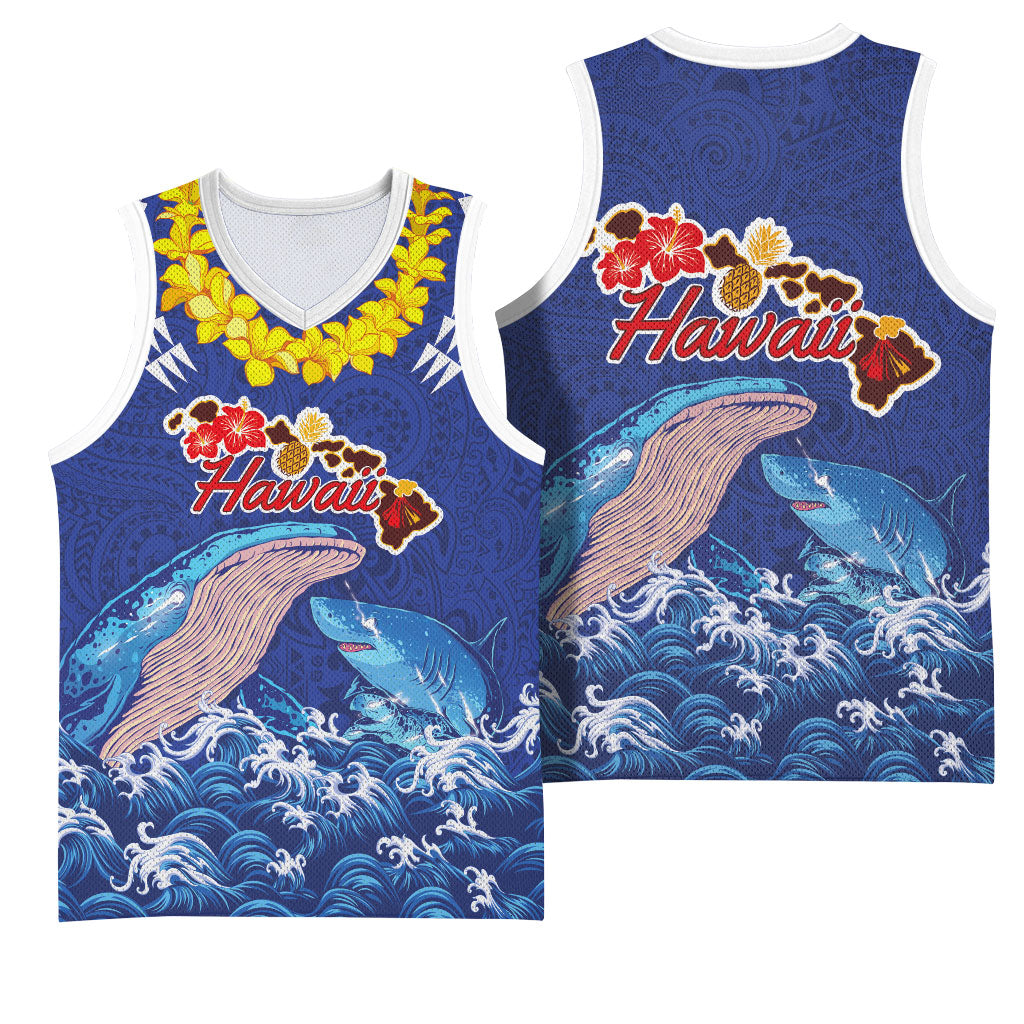 Hawaiian Sea Animals Basketball Jersey Whales Shark and Turtle Guardians with Tribal Pattern LT03 - Polynesian Pride