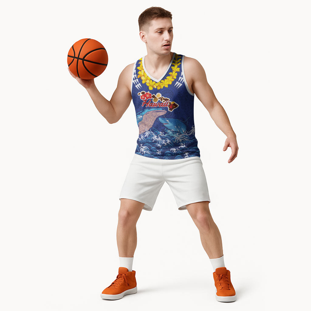 Hawaiian Sea Animals Basketball Jersey Whales Shark and Turtle Guardians with Tribal Pattern LT03 - Polynesian Pride
