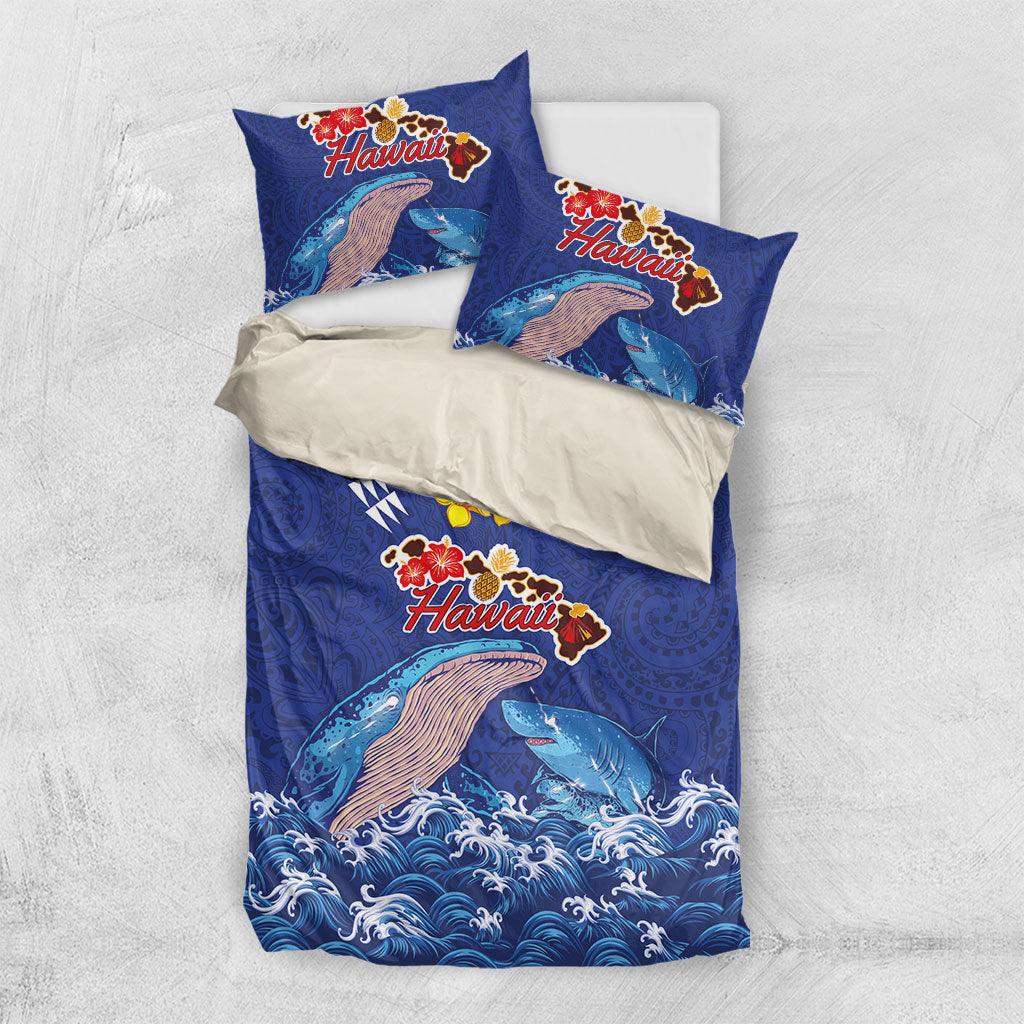 Hawaiian Sea Animals Bedding Set Whales Shark and Turtle Guardians with Tribal Pattern LT03 US Twin 172cm x 218cm Blue - Polynesian Pride