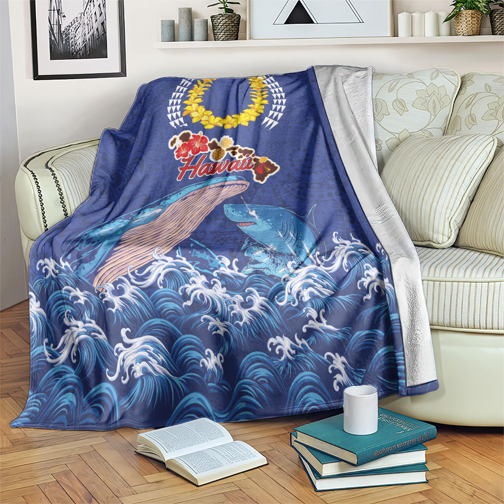 Hawaiian Sea Animals Blanket Whales Shark and Turtle Guardians with Tribal Pattern LT03 Blue - Polynesian Pride