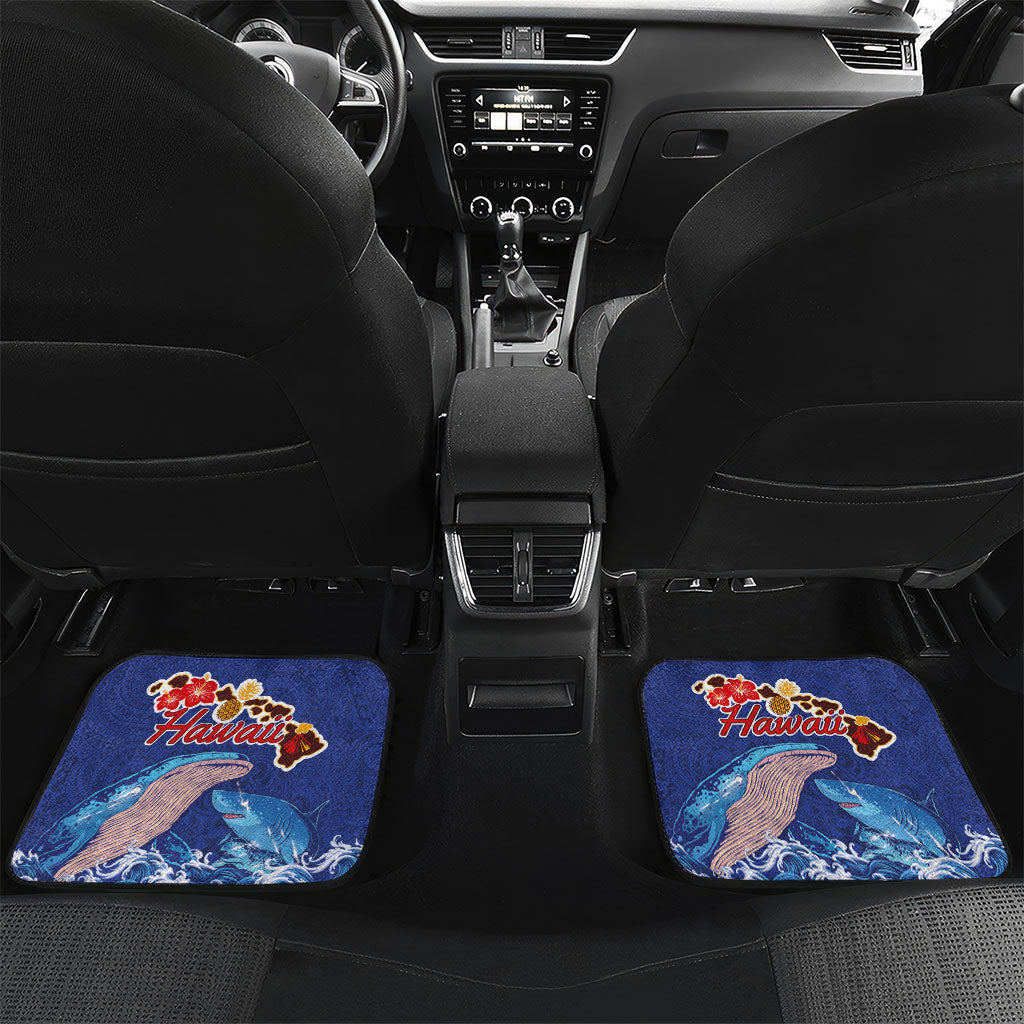 Hawaiian Sea Animals Car Mats Whales Shark and Turtle Guardians with Tribal Pattern LT03 Set 2pcs - Back Blue - Polynesian Pride