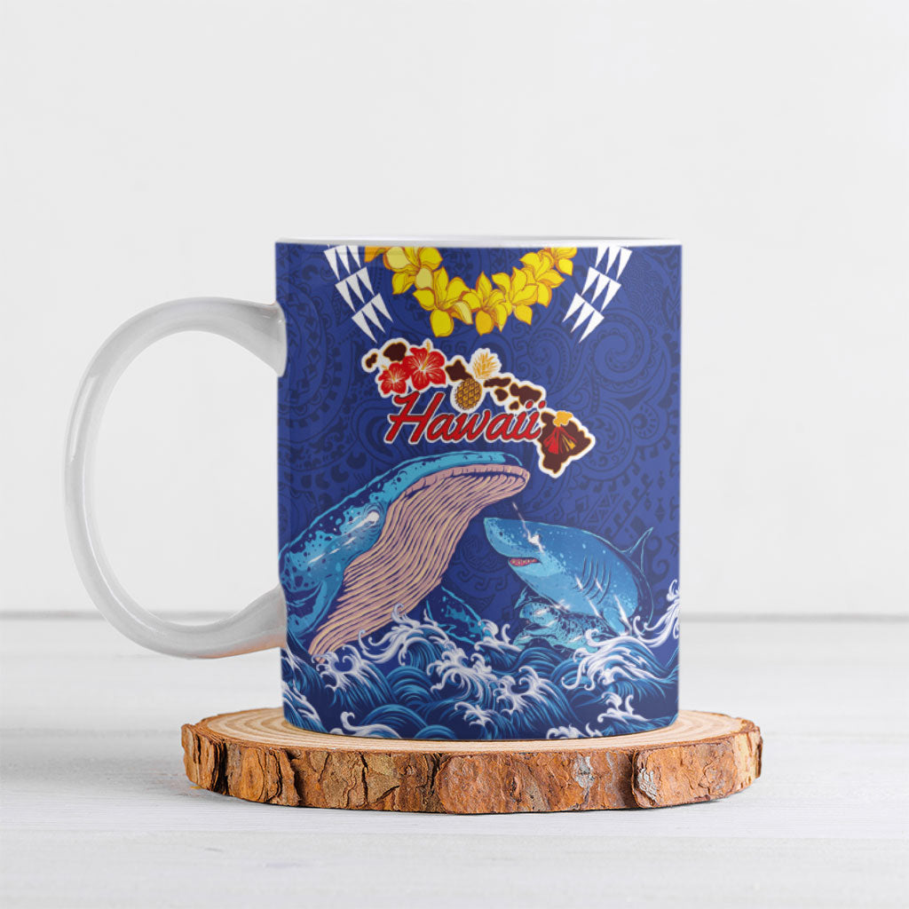 Hawaiian Sea Animals Ceramic Mug Whales Shark and Turtle Guardians with Tribal Pattern LT03 Blue - Polynesian Pride
