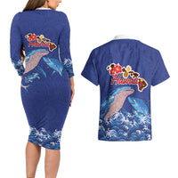Hawaiian Sea Animals Couples Matching Long Sleeve Bodycon Dress and Hawaiian Shirt Whales Shark and Turtle Guardians with Tribal Pattern
