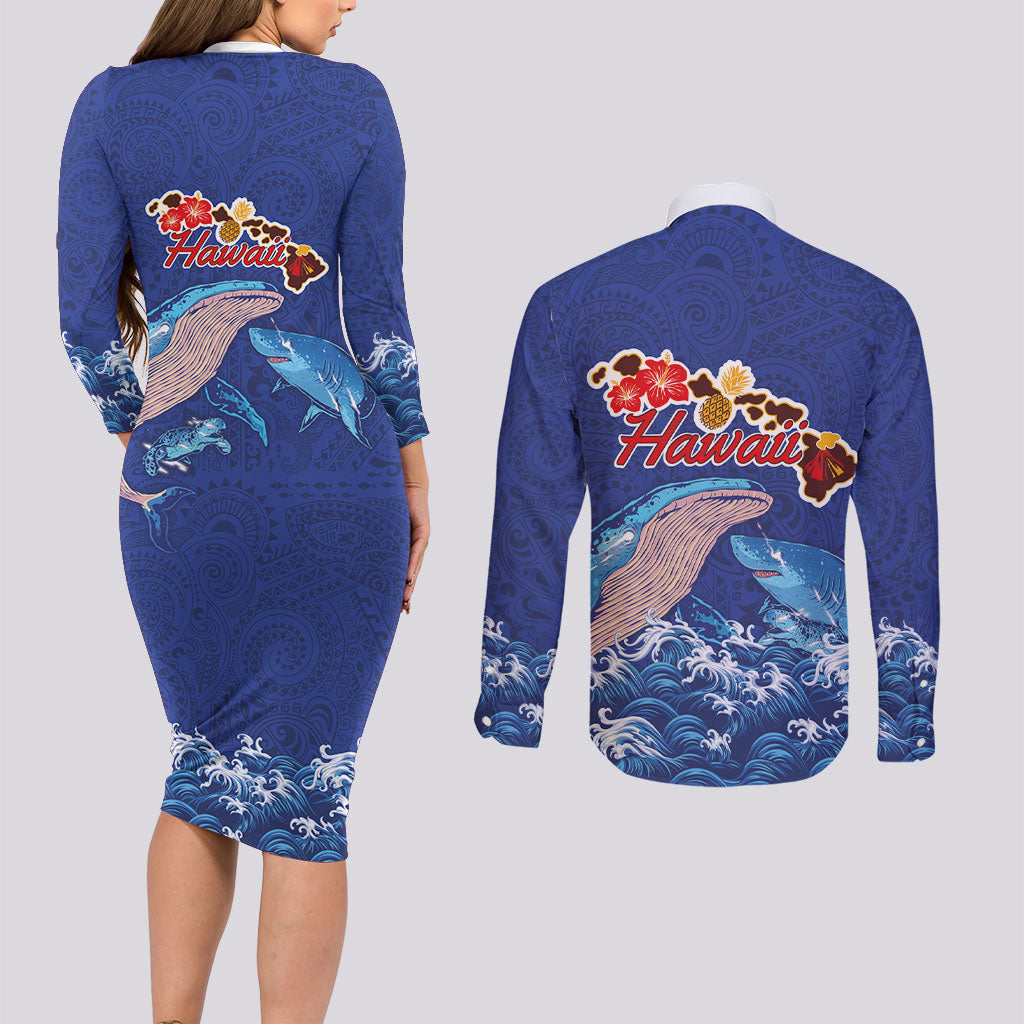 Hawaiian Sea Animals Couples Matching Long Sleeve Bodycon Dress and Long Sleeve Button Shirt Whales Shark and Turtle Guardians with Tribal Pattern