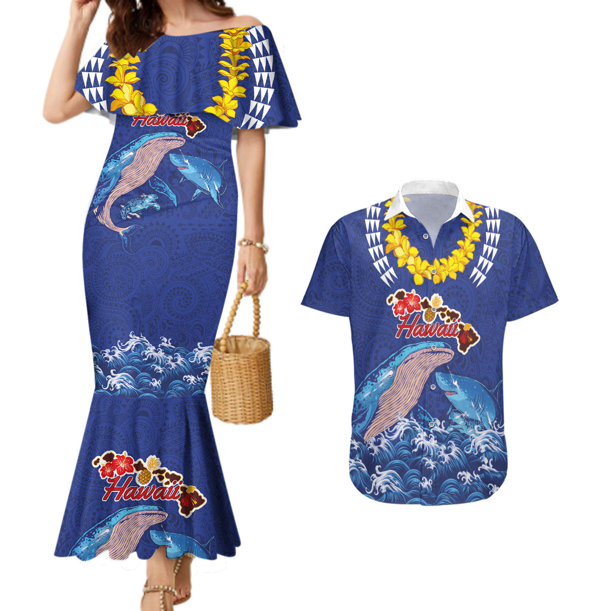 Hawaiian Sea Animals Couples Matching Mermaid Dress and Hawaiian Shirt Whales Shark and Turtle Guardians with Tribal Pattern