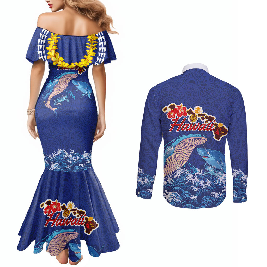 Hawaiian Sea Animals Couples Matching Mermaid Dress and Long Sleeve Button Shirt Whales Shark and Turtle Guardians with Tribal Pattern
