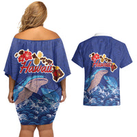 Hawaiian Sea Animals Couples Matching Off Shoulder Short Dress and Hawaiian Shirt Whales Shark and Turtle Guardians with Tribal Pattern