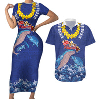 Hawaiian Sea Animals Couples Matching Short Sleeve Bodycon Dress and Hawaiian Shirt Whales Shark and Turtle Guardians with Tribal Pattern