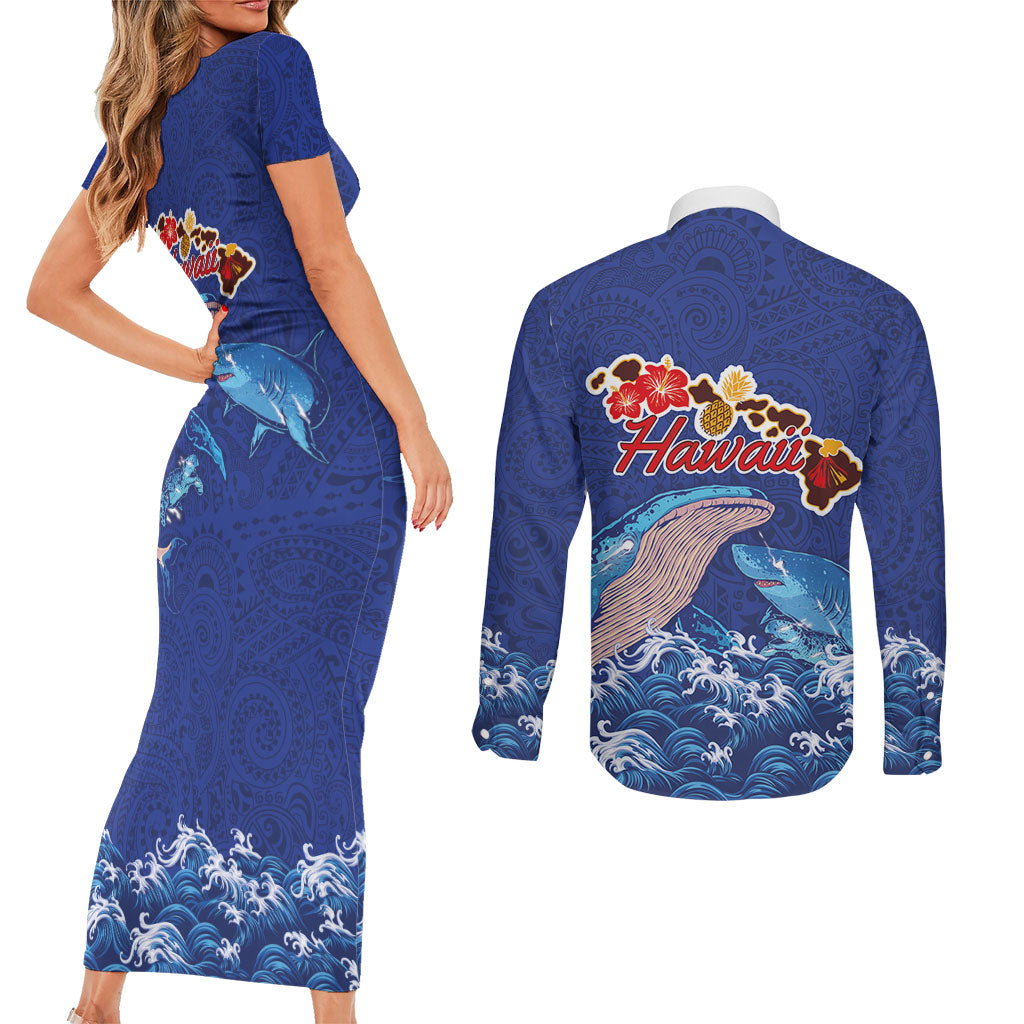 Hawaiian Sea Animals Couples Matching Short Sleeve Bodycon Dress and Long Sleeve Button Shirt Whales Shark and Turtle Guardians with Tribal Pattern