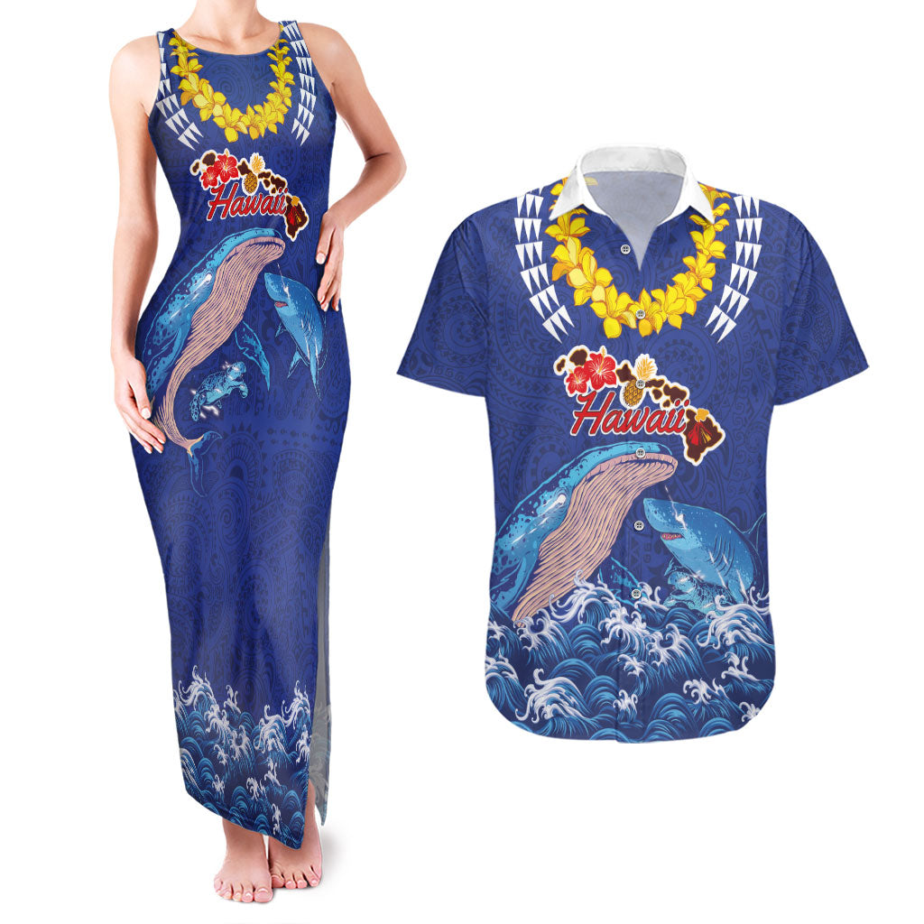 Hawaiian Sea Animals Couples Matching Tank Maxi Dress and Hawaiian Shirt Whales Shark and Turtle Guardians with Tribal Pattern