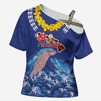Hawaiian Sea Animals Cross Shoulder Shirt Whales Shark and Turtle Guardians with Tribal Pattern