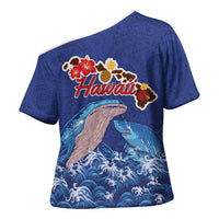 Hawaiian Sea Animals Cross Shoulder Shirt Whales Shark and Turtle Guardians with Tribal Pattern