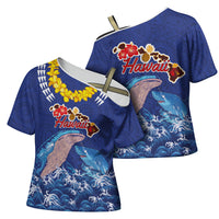 Hawaiian Sea Animals Cross Shoulder Shirt Whales Shark and Turtle Guardians with Tribal Pattern
