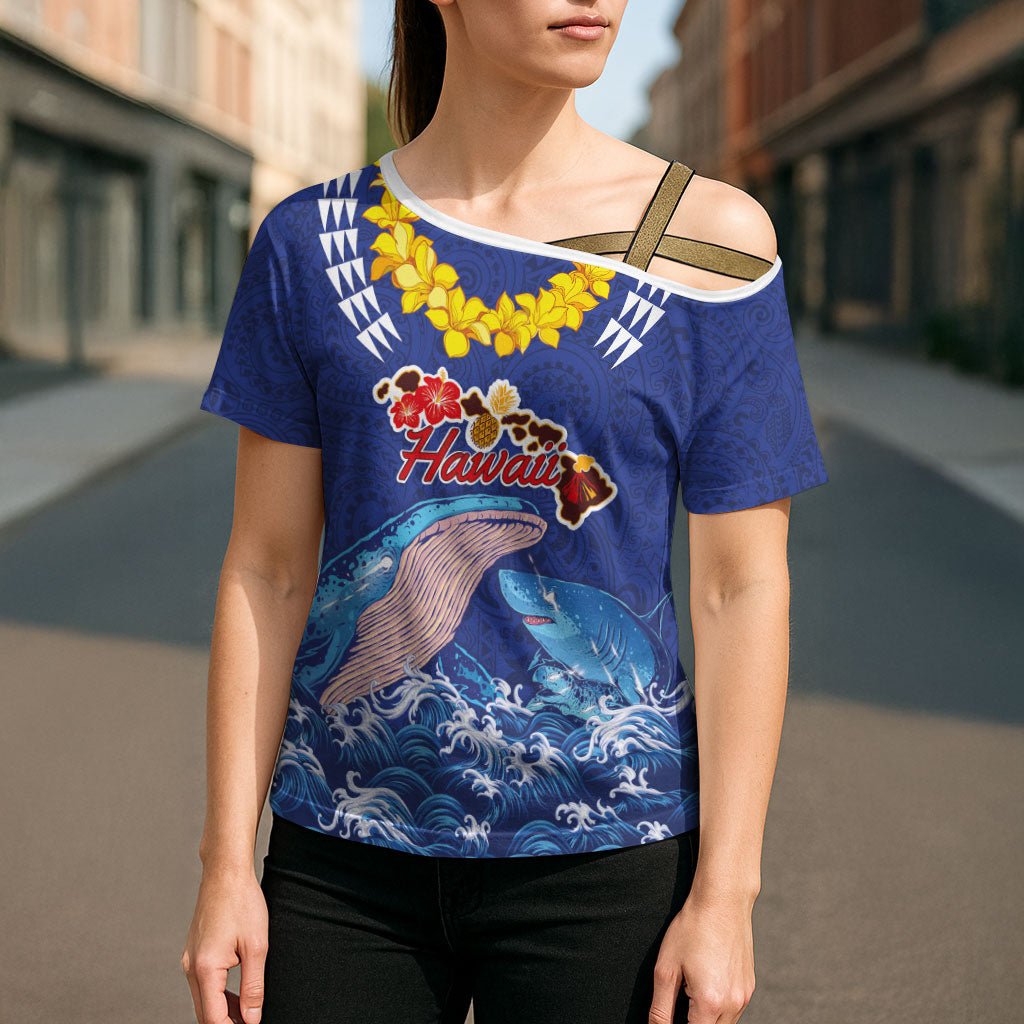 Hawaiian Sea Animals Cross Shoulder Shirt Whales Shark and Turtle Guardians with Tribal Pattern