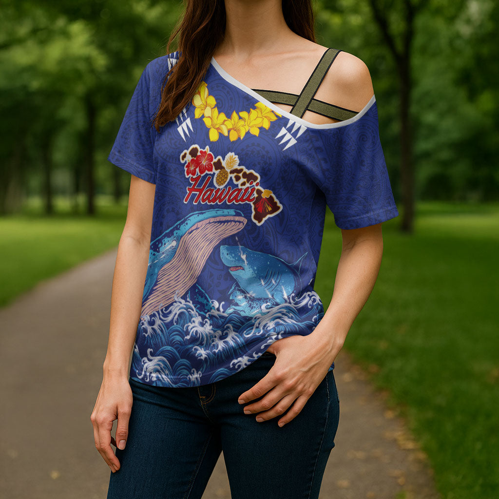 Hawaiian Sea Animals Cross Shoulder Shirt Whales Shark and Turtle Guardians with Tribal Pattern