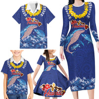 Hawaiian Sea Animals Family Matching Long Sleeve Bodycon Dress and Hawaiian Shirt Whales Shark and Turtle Guardians with Tribal Pattern