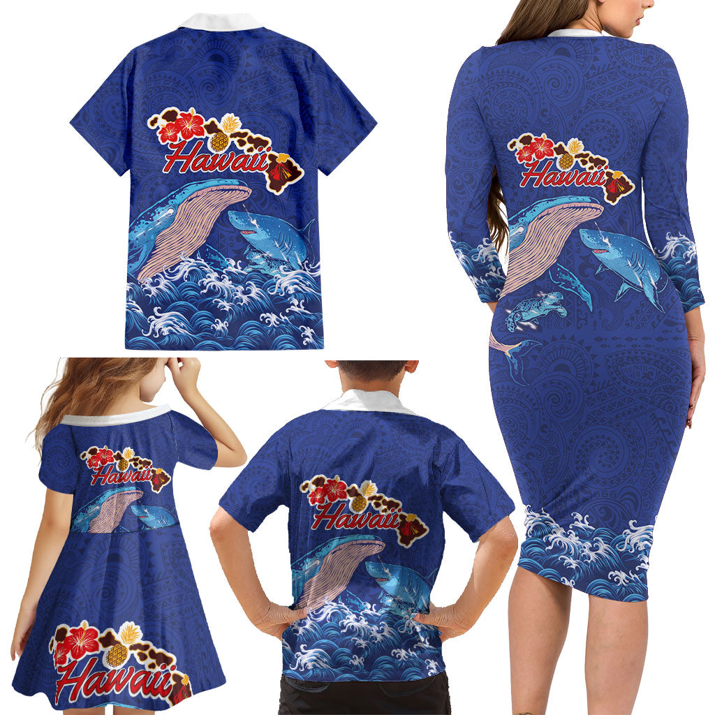 Hawaiian Sea Animals Family Matching Long Sleeve Bodycon Dress and Hawaiian Shirt Whales Shark and Turtle Guardians with Tribal Pattern