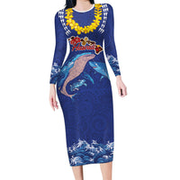 Hawaiian Sea Animals Family Matching Long Sleeve Bodycon Dress and Hawaiian Shirt Whales Shark and Turtle Guardians with Tribal Pattern