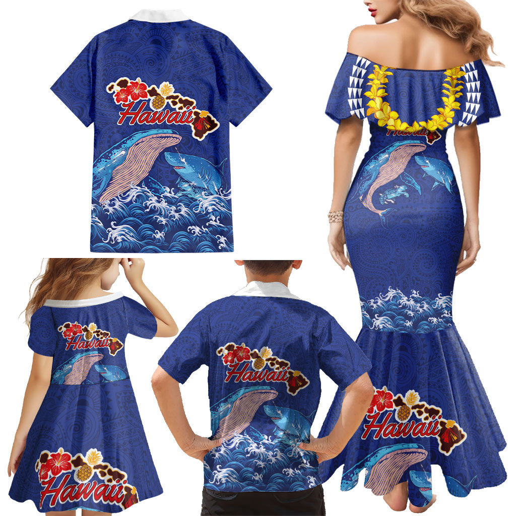 Hawaiian Sea Animals Family Matching Mermaid Dress and Hawaiian Shirt Whales Shark and Turtle Guardians with Tribal Pattern