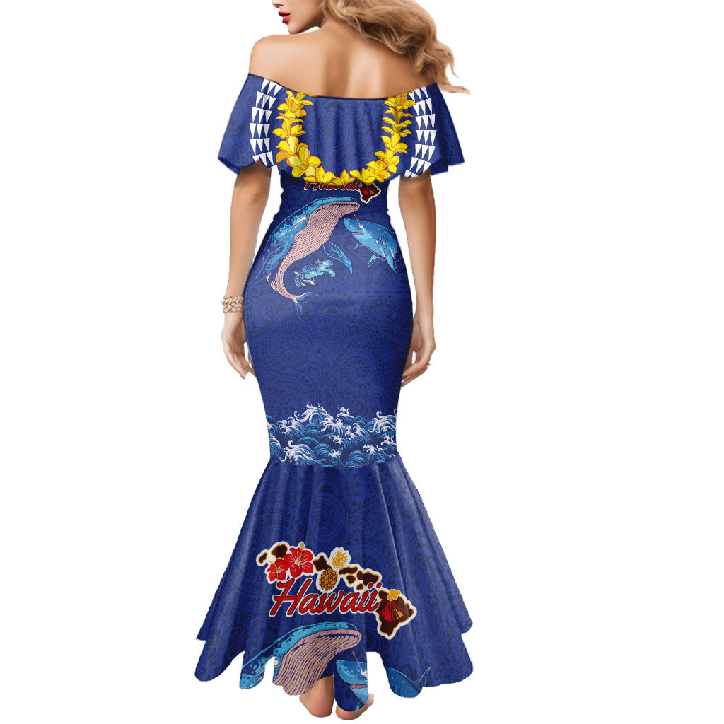 Hawaiian Sea Animals Family Matching Mermaid Dress and Hawaiian Shirt Whales Shark and Turtle Guardians with Tribal Pattern