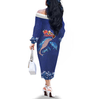 Hawaiian Sea Animals Family Matching Off The Shoulder Long Sleeve Dress and Hawaiian Shirt Whales Shark and Turtle Guardians with Tribal Pattern