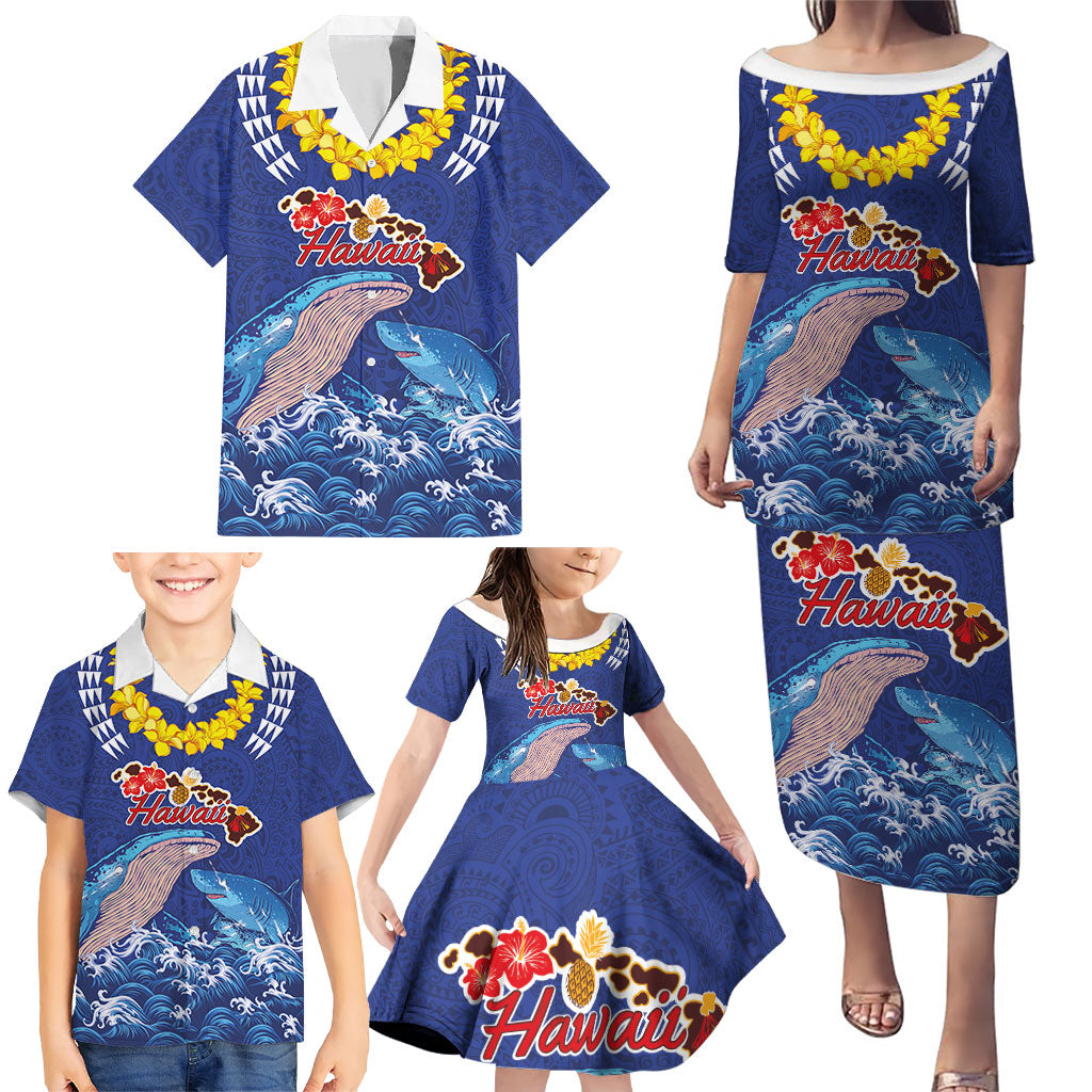 Hawaiian Sea Animals Family Matching Puletasi and Hawaiian Shirt Whales Shark and Turtle Guardians with Tribal Pattern