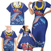 Hawaiian Sea Animals Family Matching Short Sleeve Bodycon Dress and Hawaiian Shirt Whales Shark and Turtle Guardians with Tribal Pattern