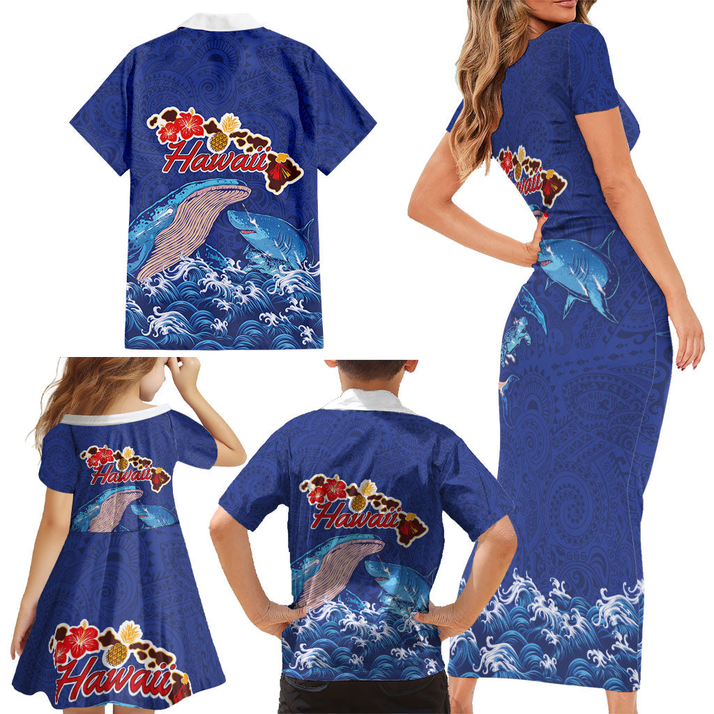 Hawaiian Sea Animals Family Matching Short Sleeve Bodycon Dress and Hawaiian Shirt Whales Shark and Turtle Guardians with Tribal Pattern