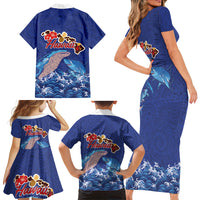 Hawaiian Sea Animals Family Matching Short Sleeve Bodycon Dress and Hawaiian Shirt Whales Shark and Turtle Guardians with Tribal Pattern
