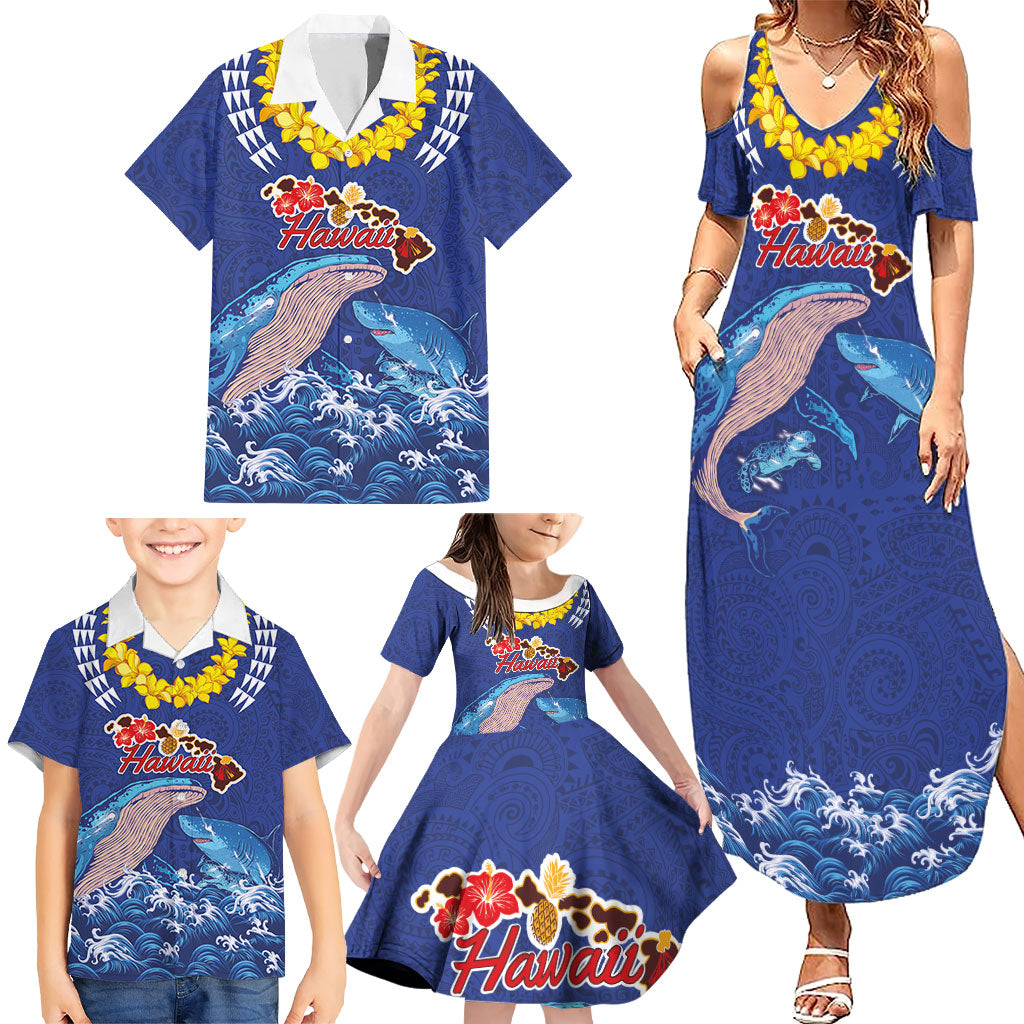 Hawaiian Sea Animals Family Matching Summer Maxi Dress and Hawaiian Shirt Whales Shark and Turtle Guardians with Tribal Pattern