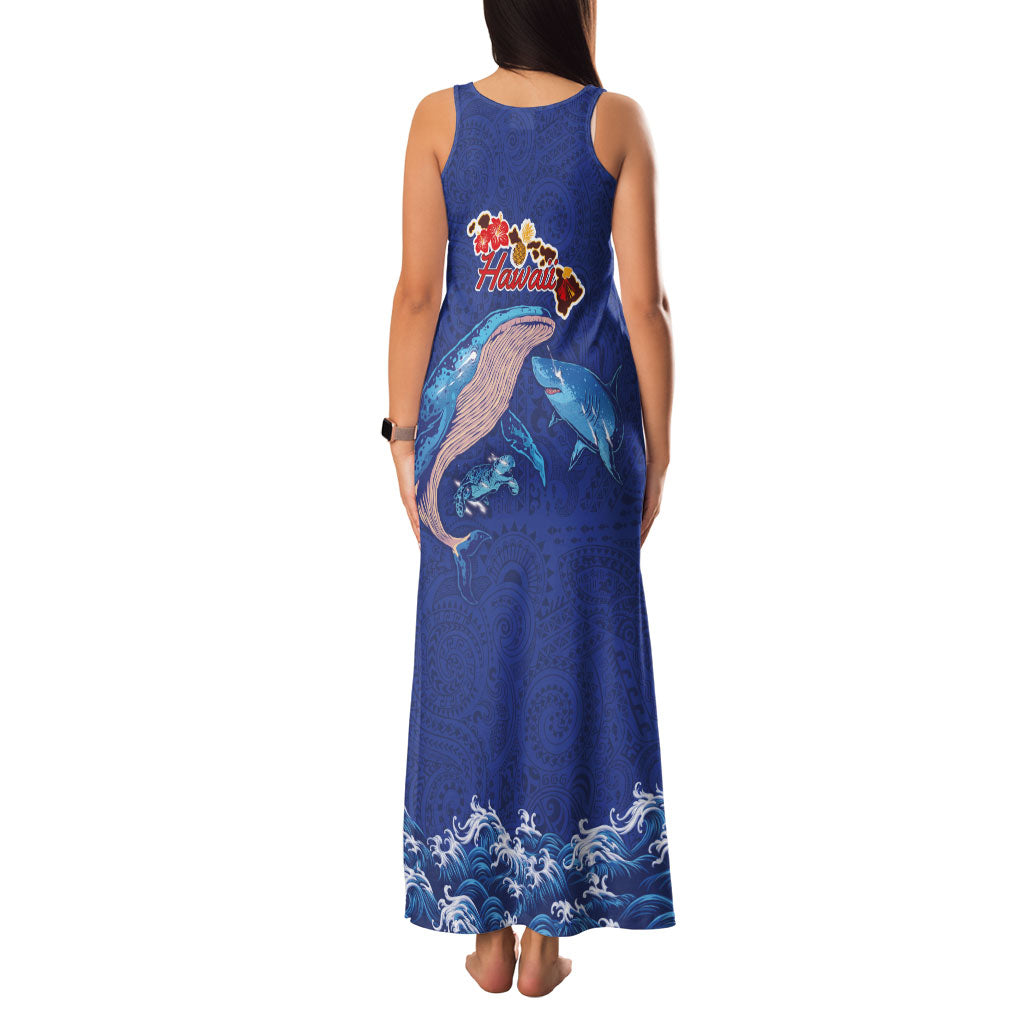 Hawaiian Sea Animals Family Matching Tank Maxi Dress and Hawaiian Shirt Whales Shark and Turtle Guardians with Tribal Pattern