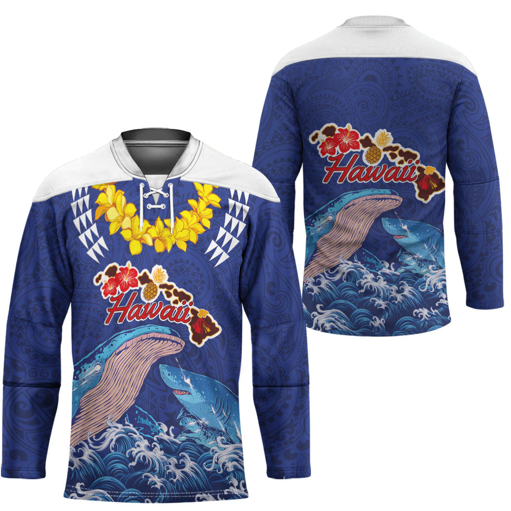 Hawaiian Sea Animals Hockey Jersey Whales Shark and Turtle Guardians with Tribal Pattern LT03 - Polynesian Pride