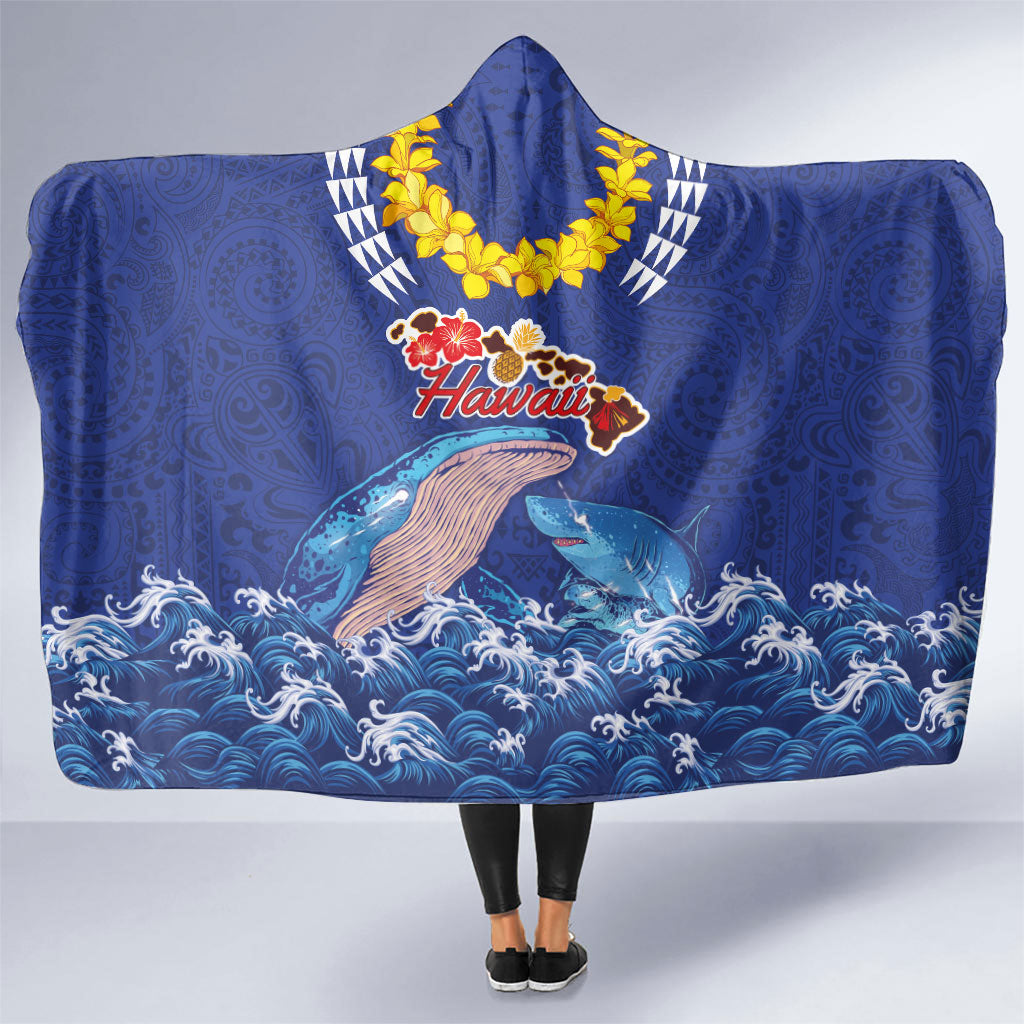 Hawaiian Sea Animals Hooded Blanket Whales Shark and Turtle Guardians with Tribal Pattern LT03 One Size Blue - Polynesian Pride