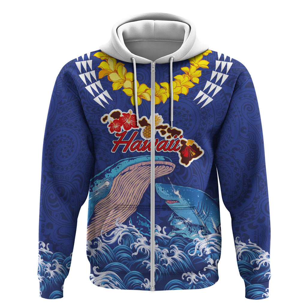 Hawaiian Sea Animals Hoodie Whales Shark and Turtle Guardians with Tribal Pattern LT03 Zip Hoodie Blue - Polynesian Pride