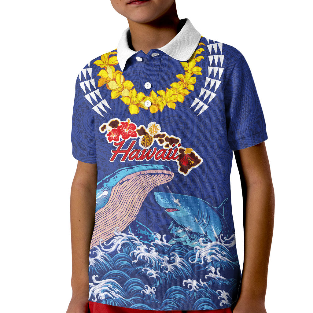 Hawaiian Sea Animals Kid Polo Shirt Whales Shark and Turtle Guardians with Tribal Pattern LT03 Kid Blue - Polynesian Pride