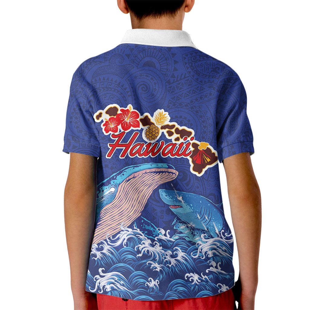 Hawaiian Sea Animals Kid Polo Shirt Whales Shark and Turtle Guardians with Tribal Pattern LT03 - Polynesian Pride
