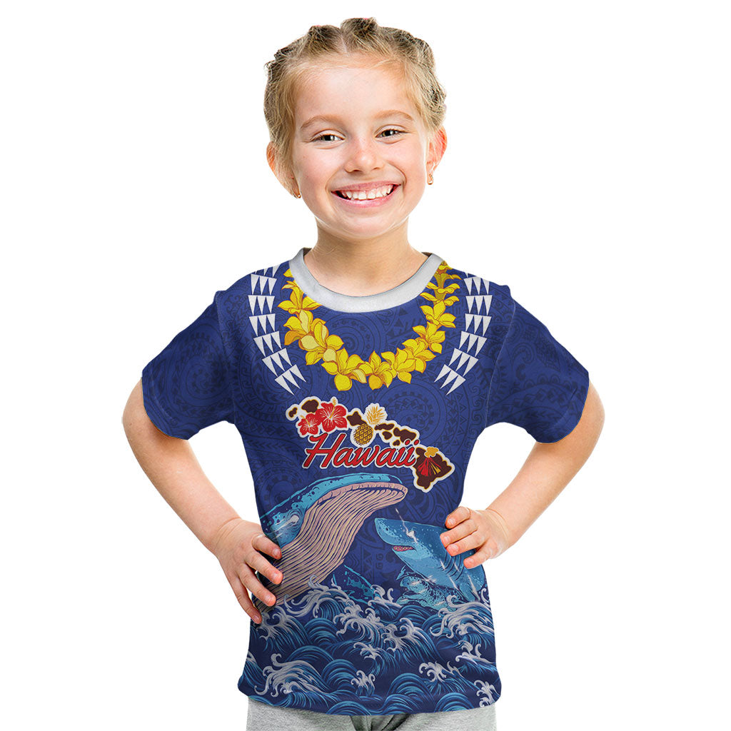 Hawaiian Sea Animals Kid T Shirt Whales Shark and Turtle Guardians with Tribal Pattern LT03 Blue - Polynesian Pride