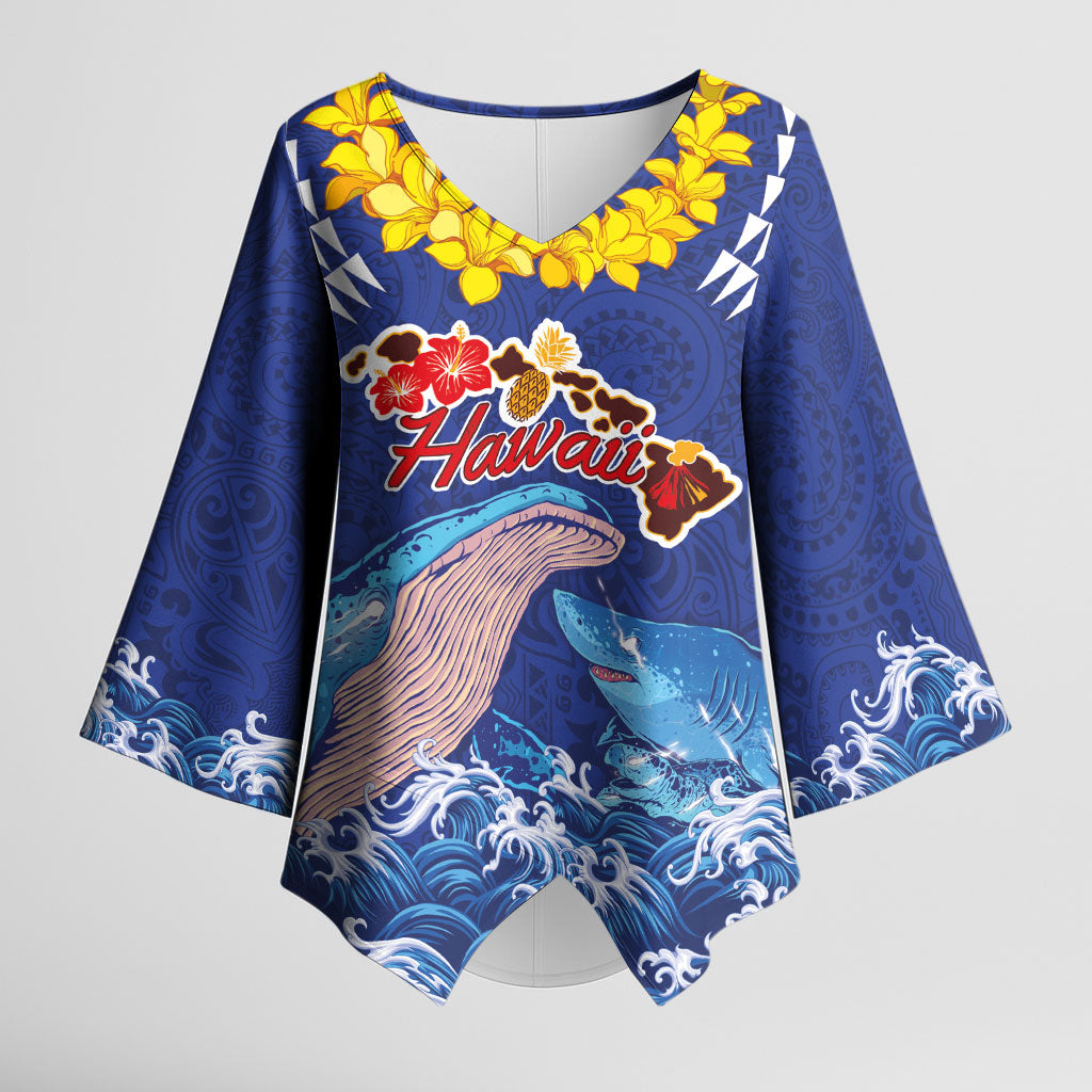 Hawaiian Sea Animals Kimono Sleeve Blouse Whales Shark and Turtle Guardians with Tribal Pattern LT03 Female Blue - Polynesian Pride