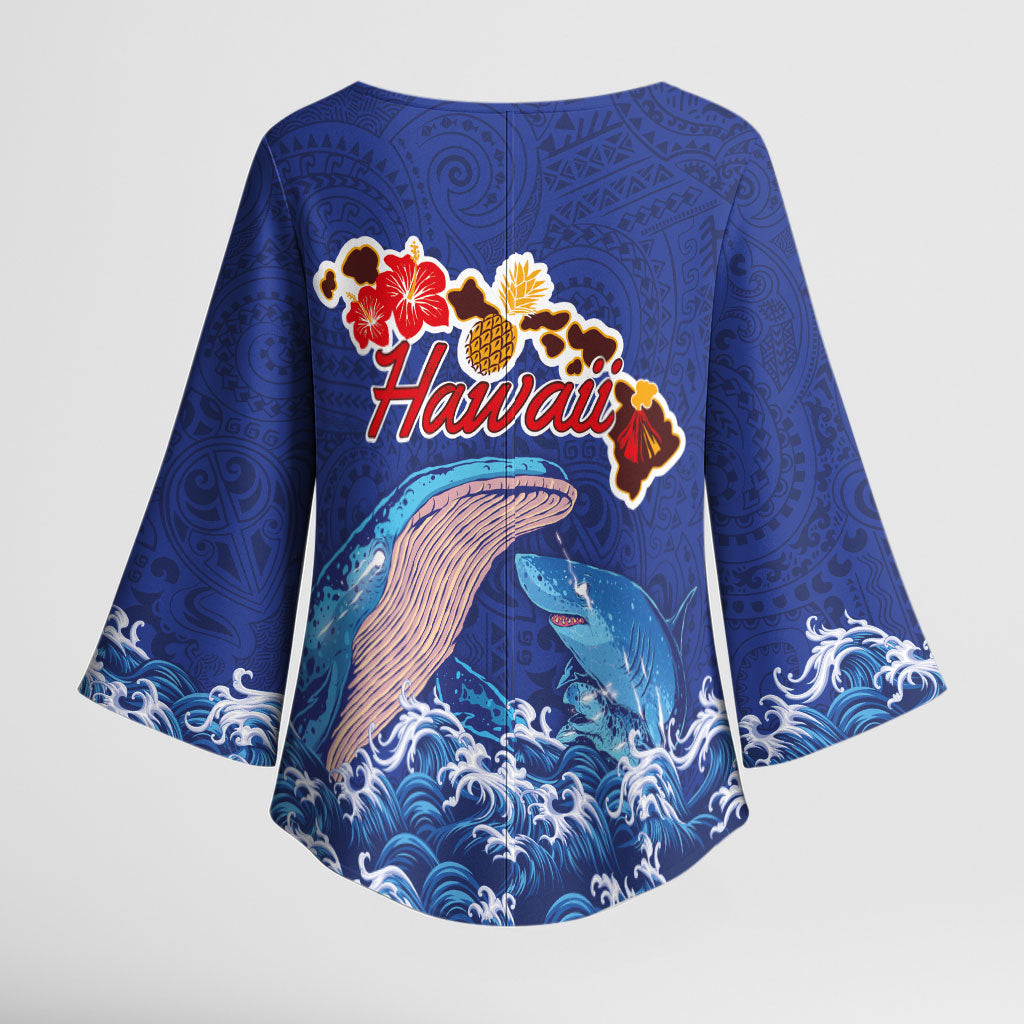 Hawaiian Sea Animals Kimono Sleeve Blouse Whales Shark and Turtle Guardians with Tribal Pattern LT03 - Polynesian Pride