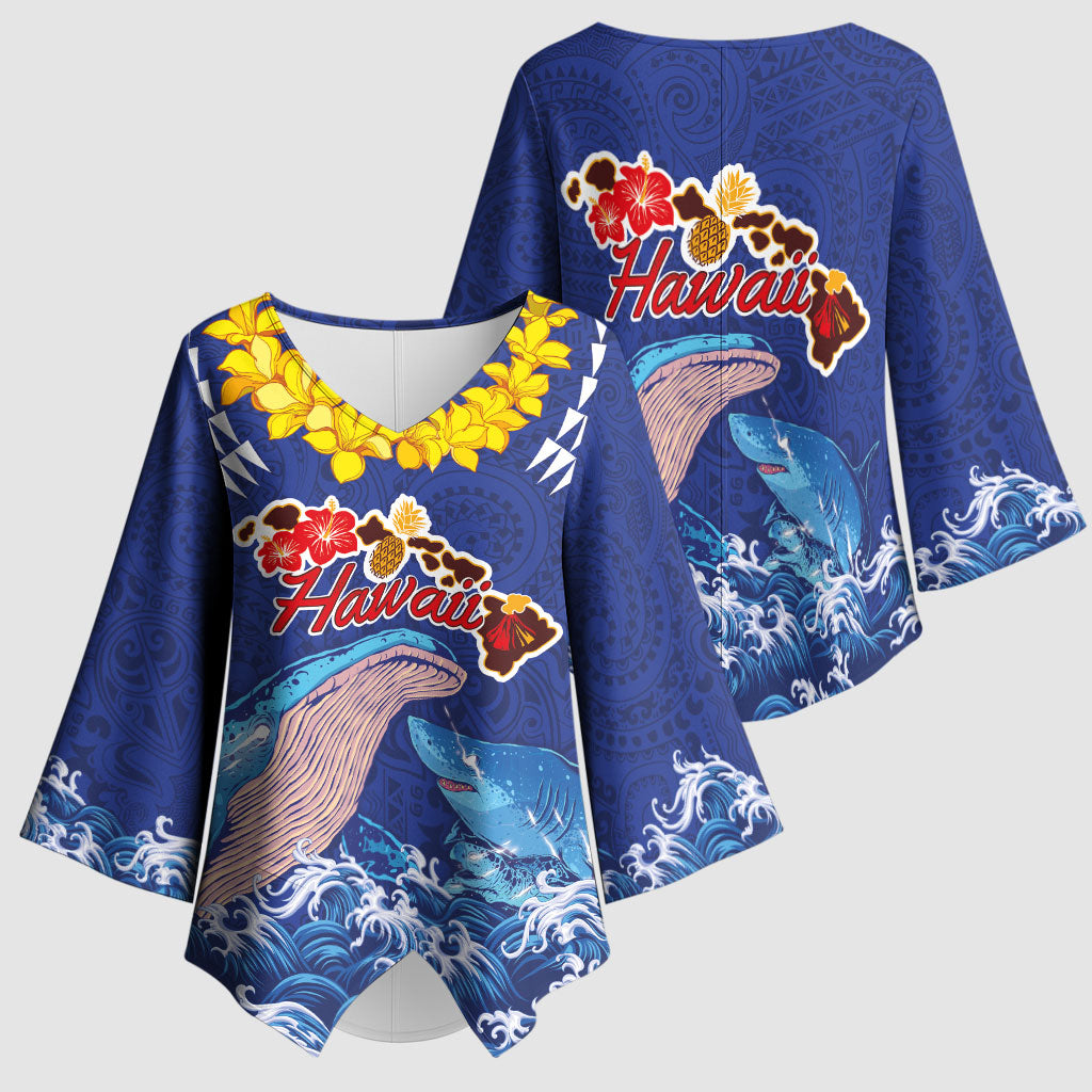 Hawaiian Sea Animals Kimono Sleeve Blouse Whales Shark and Turtle Guardians with Tribal Pattern LT03 - Polynesian Pride