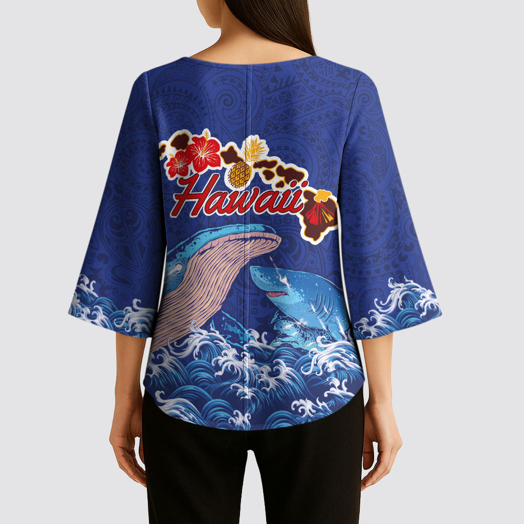 Hawaiian Sea Animals Kimono Sleeve Blouse Whales Shark and Turtle Guardians with Tribal Pattern LT03 - Polynesian Pride