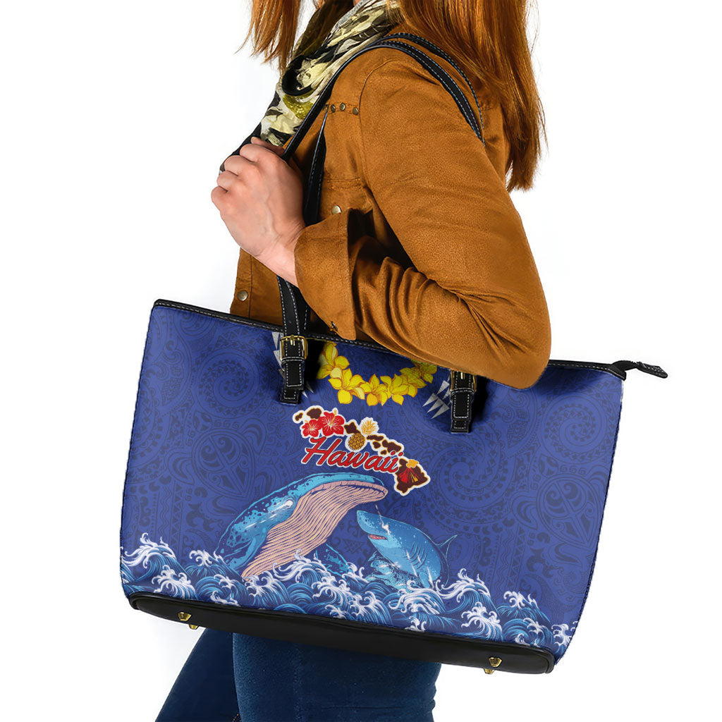 Hawaiian Sea Animals Leather Tote Bag Whales Shark and Turtle Guardians with Tribal Pattern LT03 Blue - Polynesian Pride